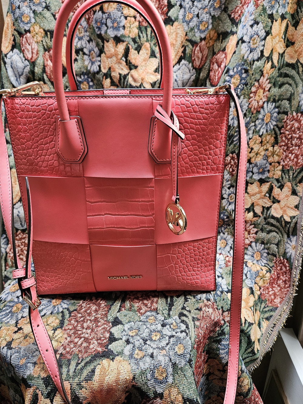 Michael Kors Coral Patchwork Leather Tote with Gold-Tone Charm
